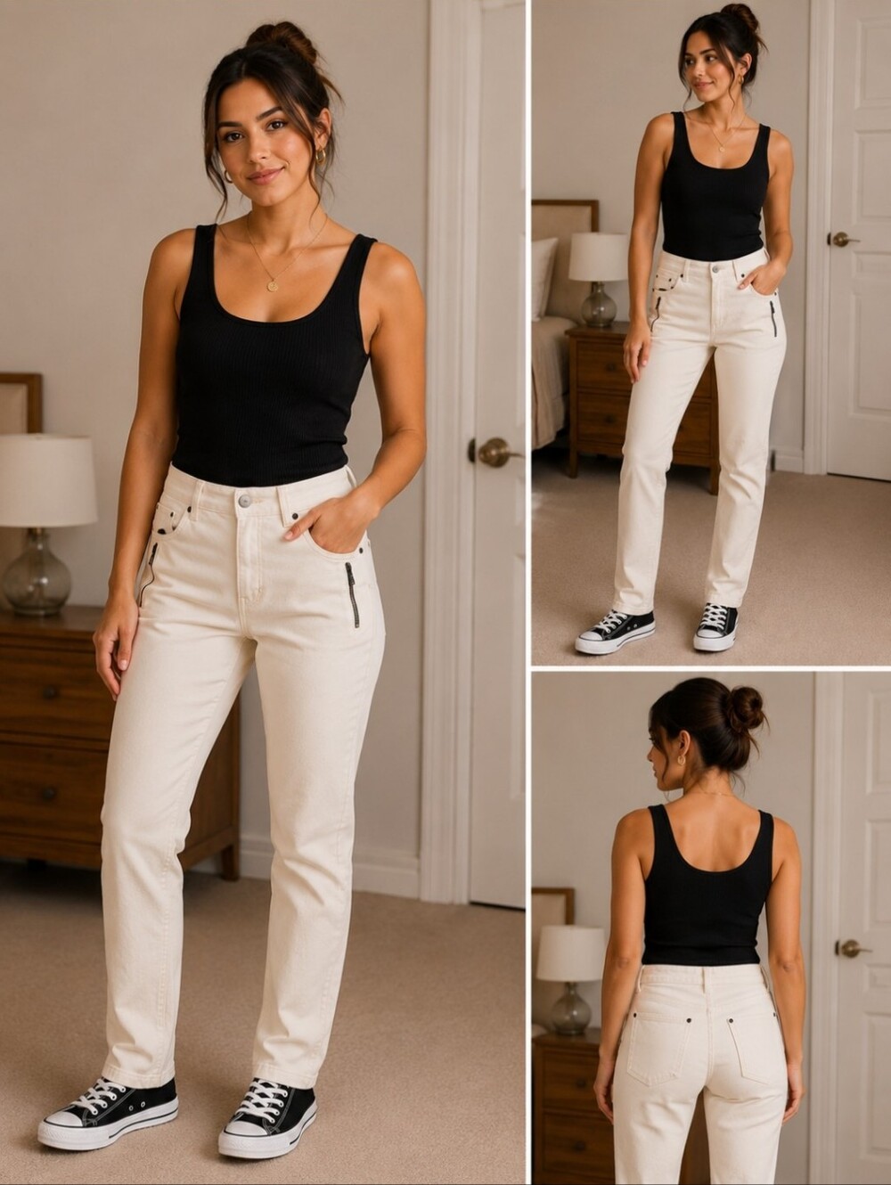 Picadilly Fashion Straight Leg Pants in Cream White with Black Zipper Accents